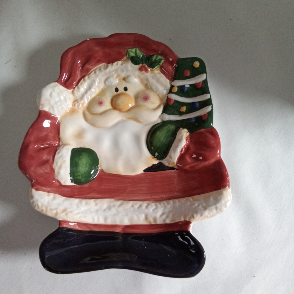 Merry Brite Santa Claus Ceramic Christmas Candy Dish Red White Holiday Tray